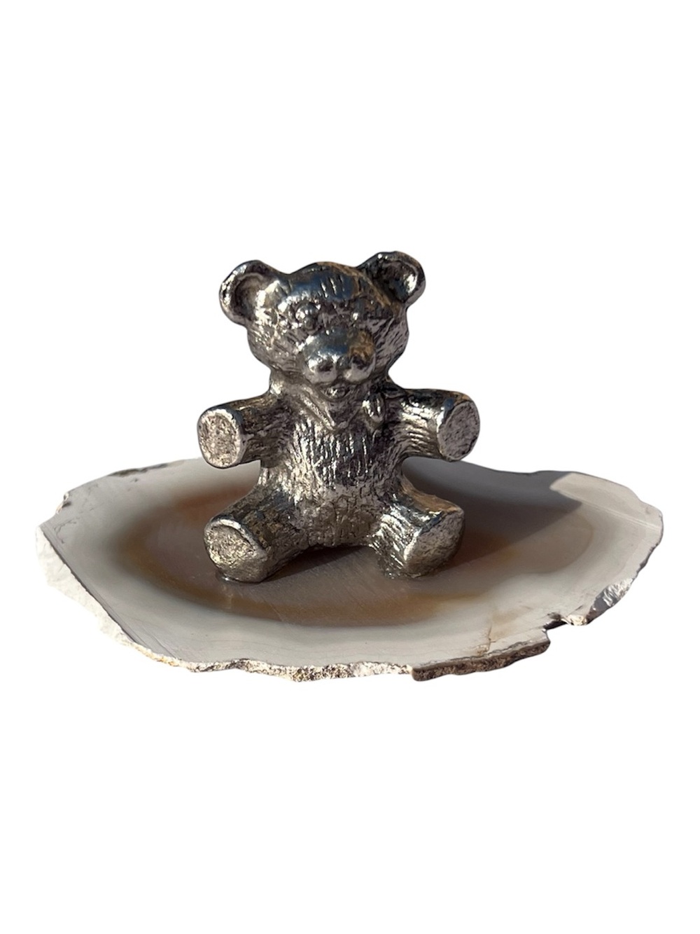 Silver Pewter Teddy Bear Figurine on Agate Slice. Base not included